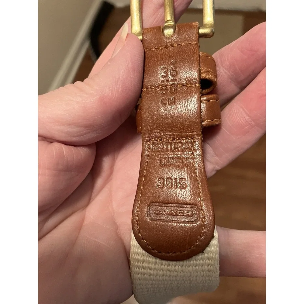 Coach Belt Beige Linen Leather Brass Buckle Sz 36 Surcingle‎ Style 3815